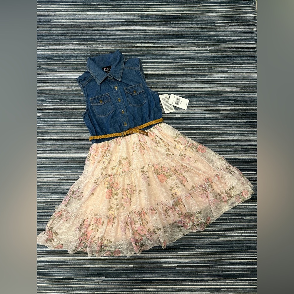 🆕Lilt Size 7/8 Girl’s Denim and Floral Pink Lace Sleeveless Dress with Belt